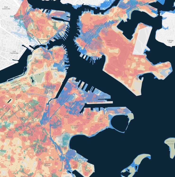 Map of Boston showing flooding, extreme heat, and social vulnerability in 2050