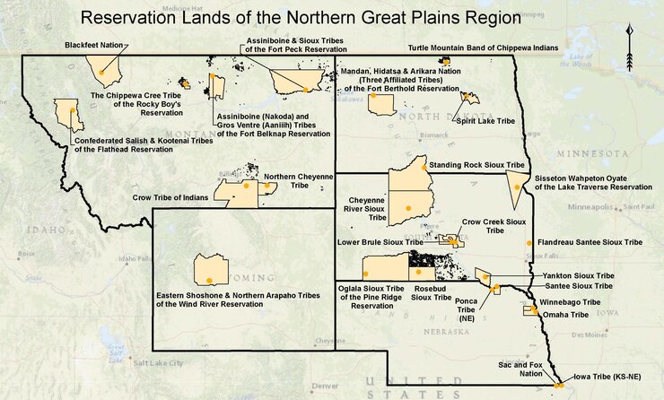 A map showing the locations of tribes and tribal reservations in the Northern Great Plains