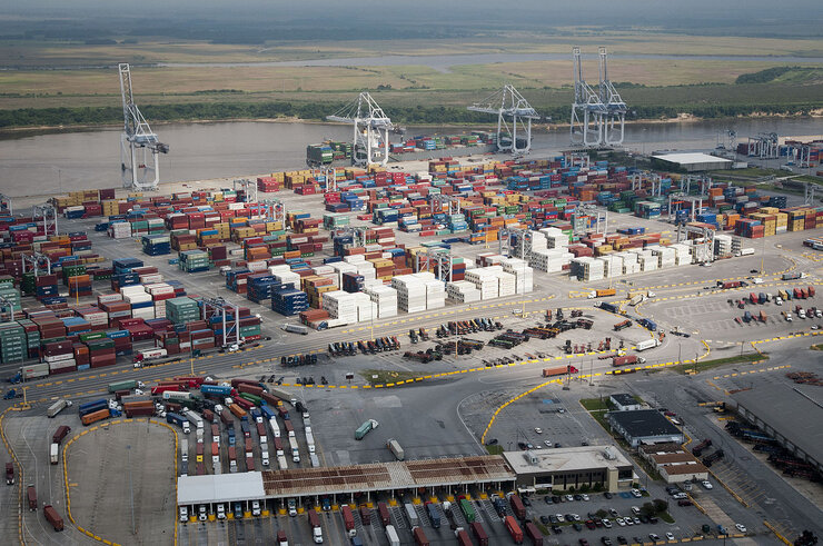 Aerial view of busy shipping port