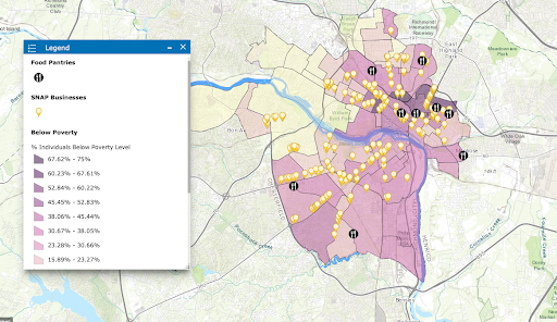 Map showing areas of SNAP households and food pantry locations in Richmond, Virginia