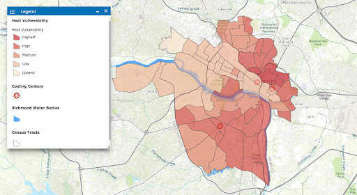 Image of a heat vulnerability map of Richmond, Virginia