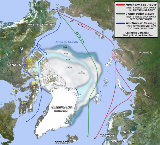 Map of Arctic region with shrinking ice extents and shipping routes across open water