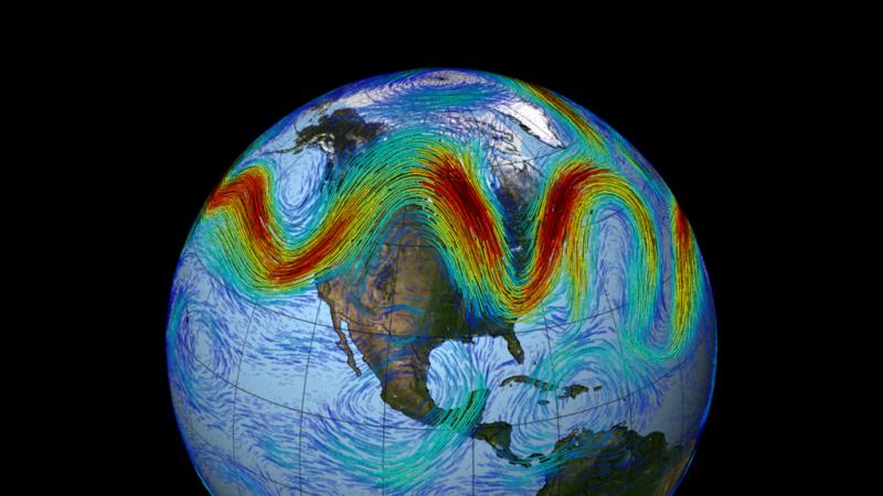 Globe with colors indicating sinusoidal winds across the mid-latitudes of the Northern Hemisphere