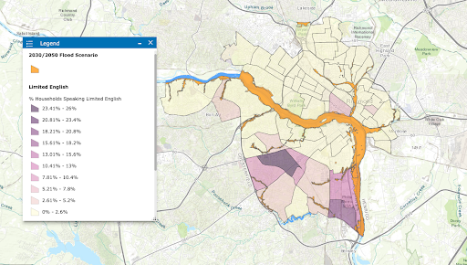 Map showing areas of flooding and non-English language speaker residence in Richmond, Virginia