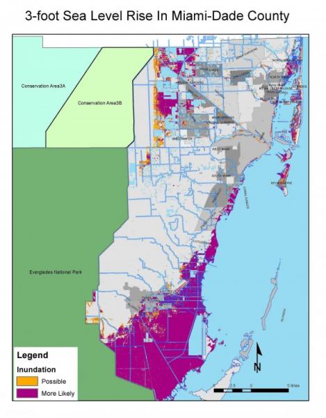 Map Showing Three-Foot Sea Level Rise in Miami-Dade County