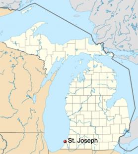 Map of Michigan showing the location of St. Joseph on the SE shore of Lake Michigan