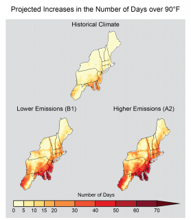 Maps of the NE region showing projected increases in number of days over 90°F