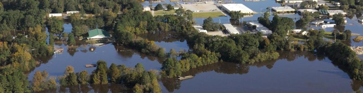 Aerial view of flooded buildings