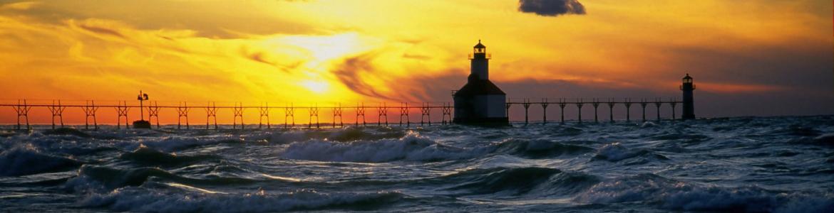 Sunset behind the Pierhead Lighthouse in St. Joseph, Michigan